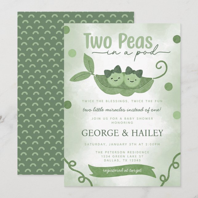 Invitation Deux petits pois dans un Baby shower pour filles j (Devant / Derrière)