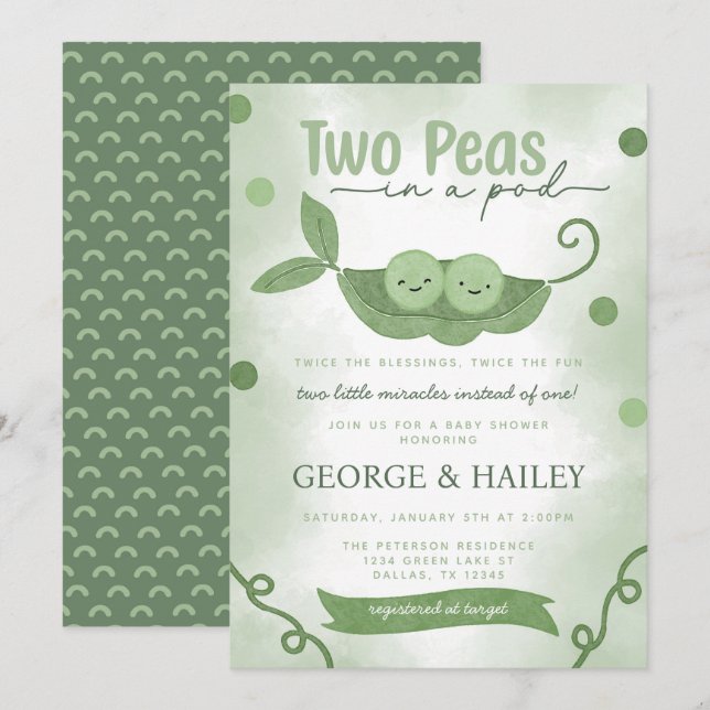 Invitation Deux petits pois dans un Baby shower pour garçons  (Devant / Derrière)