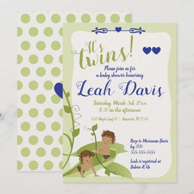 Invitation Deux petits pois dans un pod, Baby Boy Shower Invi (Devant / Derrière)