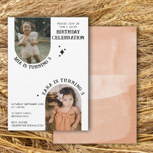 Invitation Deux Photo Anniversaire Commun Aquarelle Boho Brun