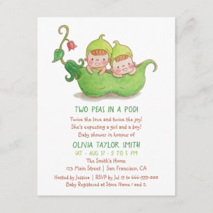 Invitation Deux pois dans une aquarelle de baby shower de