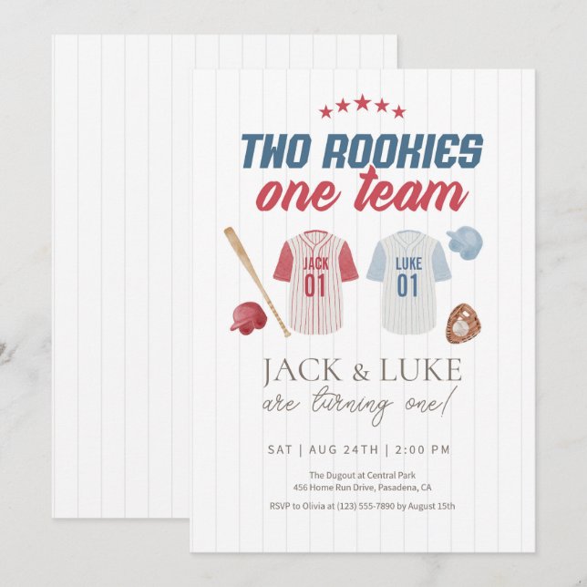 Invitation Deux Rookies Un Team Baseball Twin Brother (Devant / Derrière)