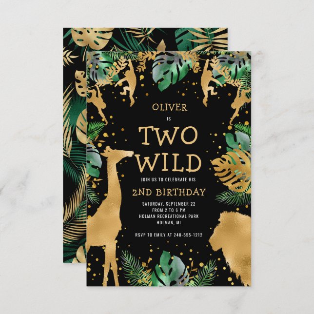 Invitation Deux Safari sauvage 2e anniversaire Black Green Go (Devant / Derrière)