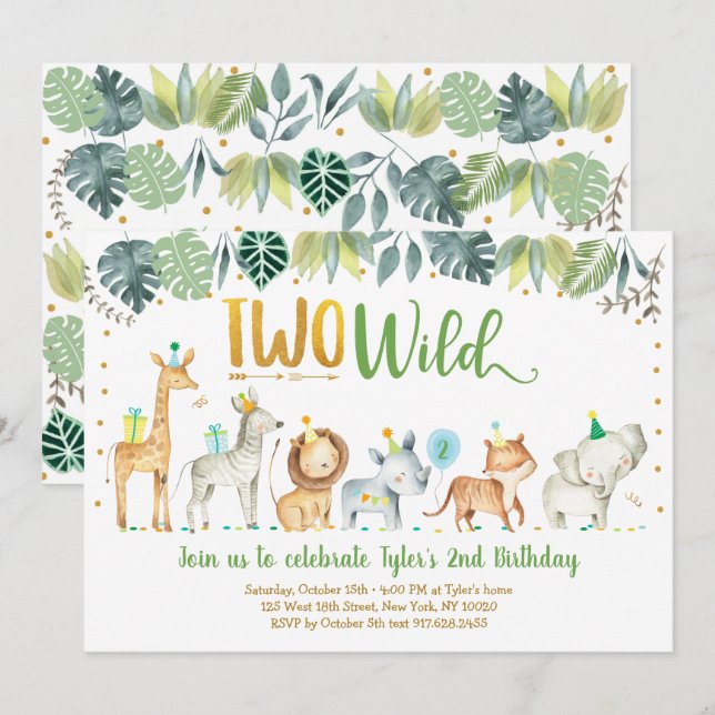 Invitation Deux Safari sauvage Jungle Anniversaire (Devant / Derrière)