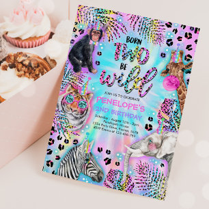 Invitation Deux Safari Wild Neon Rainbow Cheetah Anniversaire