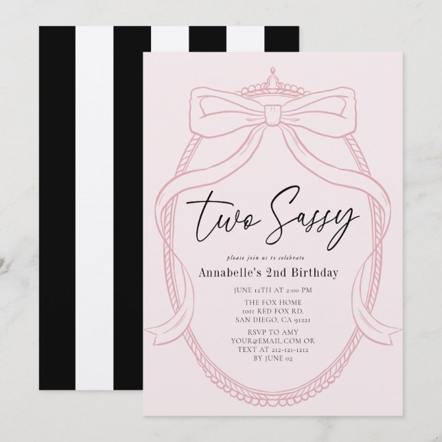 Invitation Deux Sassy Pink Tiara & Bow Girl 2e anniversaire (Devant / Derrière)