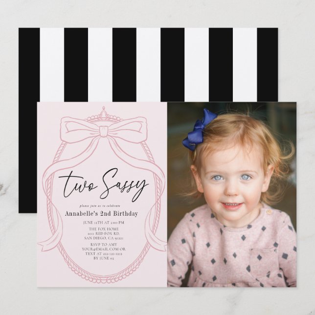 Invitation Deux Sassy Pink Tiara & Bow Girl Photo 2e annivers (Devant / Derrière)