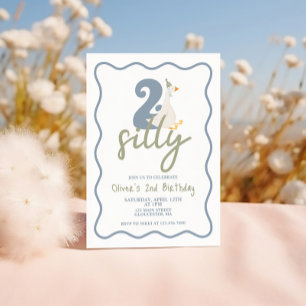 Invitation DEUX Silly Goose bleu et vert 2e Anniversaire
