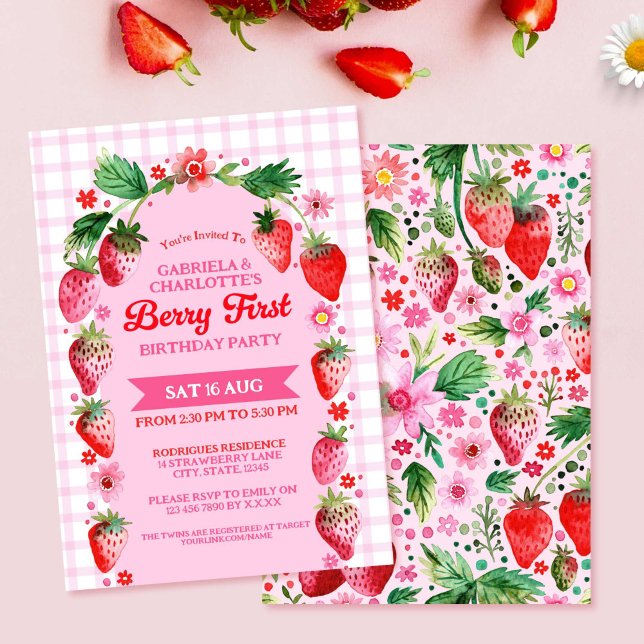Invitation Deux soeurs Joint Strawberr Berry Premier annivers (Twin Sisters Joint Strawberr Berry First Birthday Invitation)