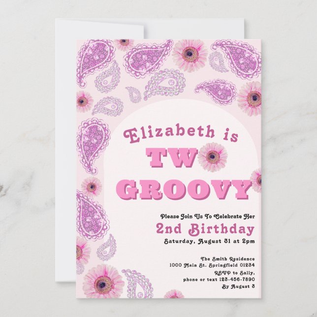 Invitation Deux Super 2e anniversaire Pink Paisley Flower Pow (Devant)