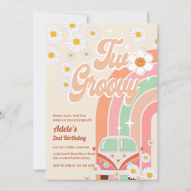 Invitation Deux Super 2ème anniversaire Pink Daisy Rainbow Va (Devant)