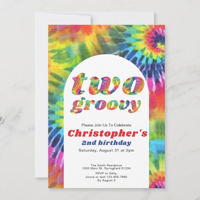 Invitation Deux Super Anniversaire Retro Tie Dye les années 7 (Devant)