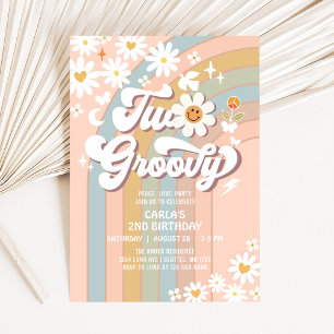 Invitation DEUX Super Daisy Hippie 70's Retro 2e anniversaire
