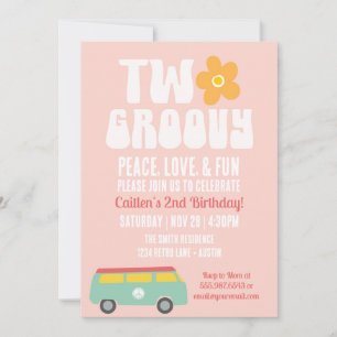 Invitation Deux Super Deuxième Anniversaire Retro Flower Peac