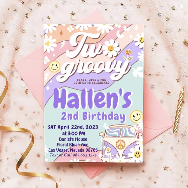 Invitation Deux Super Retro Daisy Rainbow 2e anniversaire (Créateur téléchargé)