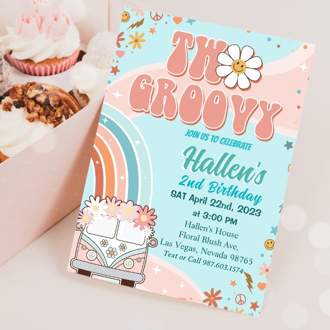 Invitation Deux Super Retro Daisy Rainbow 2e anniversaire (Créateur téléchargé)