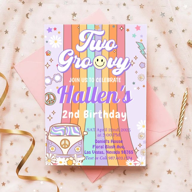 Invitation Deux Super Retro Daisy Rainbow 2e anniversaire (Créateur téléchargé)