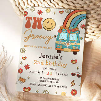Invitation Deux Super Retro Rainbow 2e fête d'anniversaire