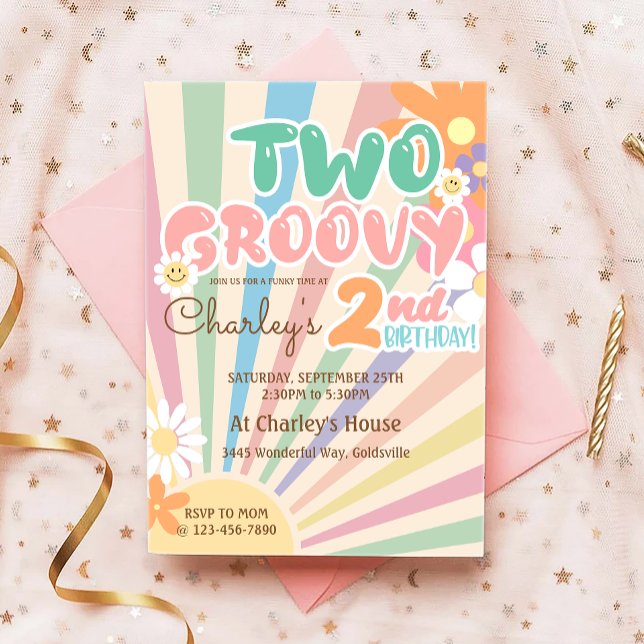 Invitation Deux Super Retro Sunshine Daisy Boho 2e anniversai (Créateur téléchargé)