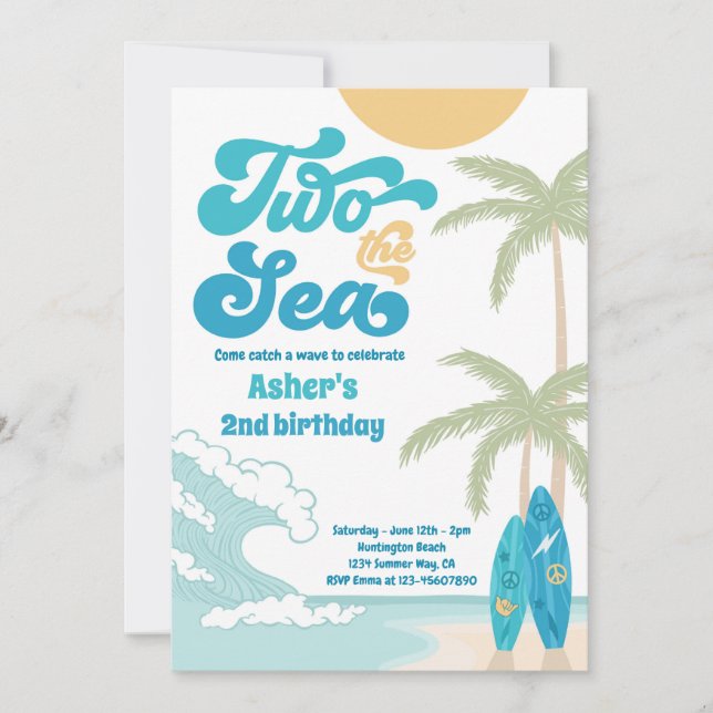 Invitation Deux The Sea Retro Surfboard Beach 2e anniversaire (Devant)