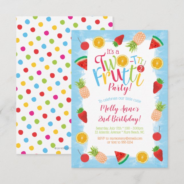 Invitation Deux tti Frutti 2e anniversaire Fruits amusants (Devant / Derrière)