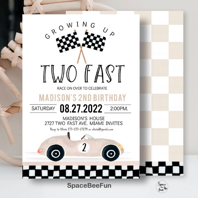 Invitation DEUX Vite Anniversaire Course d'invitation Voiture (TWO Fast Birthday Invitation,Race Car 2nd Birthday,Invite Racing Car Vintage,Racecar Beige boho gend)