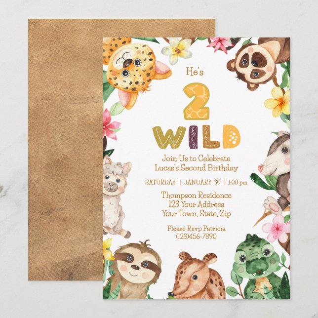Invitation Deux Wild 2e anniversaire fête Safari Animaux Part (Devant / Derrière)
