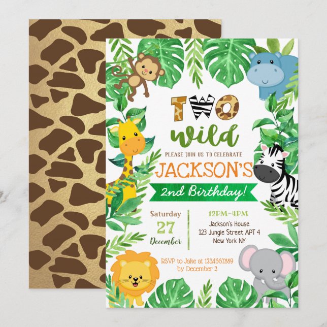 Invitation Deux Wild 2e anniversaire Safari Animaux Invitatio (Devant / Derrière)