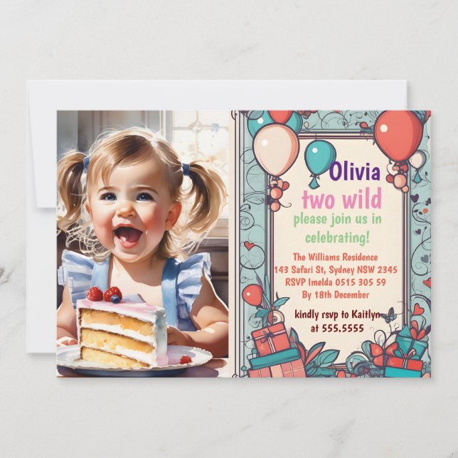 Invitation Deux Wild 2e Anniversaire Safari Animaux mignons P (Devant)