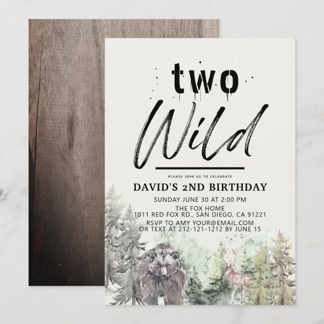 Invitation Deux Wild Bear Forest Mountain Boy 2e anniversaire (Devant / Derrière)