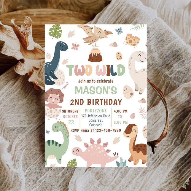 Invitation Deux Wild Cute Dinosaur 2e fête d'anniversaire (Créateur téléchargé)