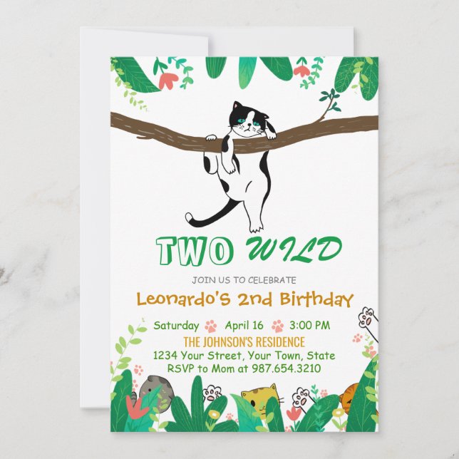 Invitation Deux Wild Kitty Cat Greenery Enfants 2e anniversai (Devant)