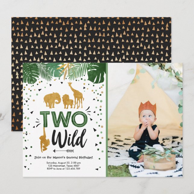 Invitation Deux Wild Safari Gold Boy Animaux fête d'anniversa (Devant / Derrière)