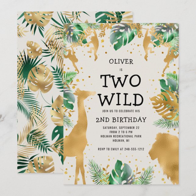 Invitation Deux Wild Safari Green Gold Ecru 2e anniversaire (Devant / Derrière)