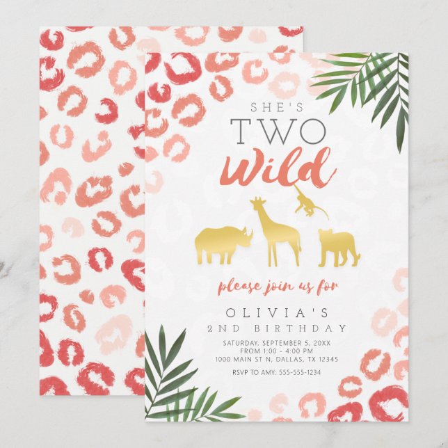 Invitation Deux Wild Safari rose et or 2e anniversaire (Devant / Derrière)