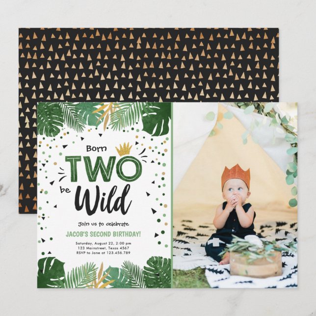 Invitation Deux Wild Tropical Safari Gold Boy Deuxième annive (Devant / Derrière)