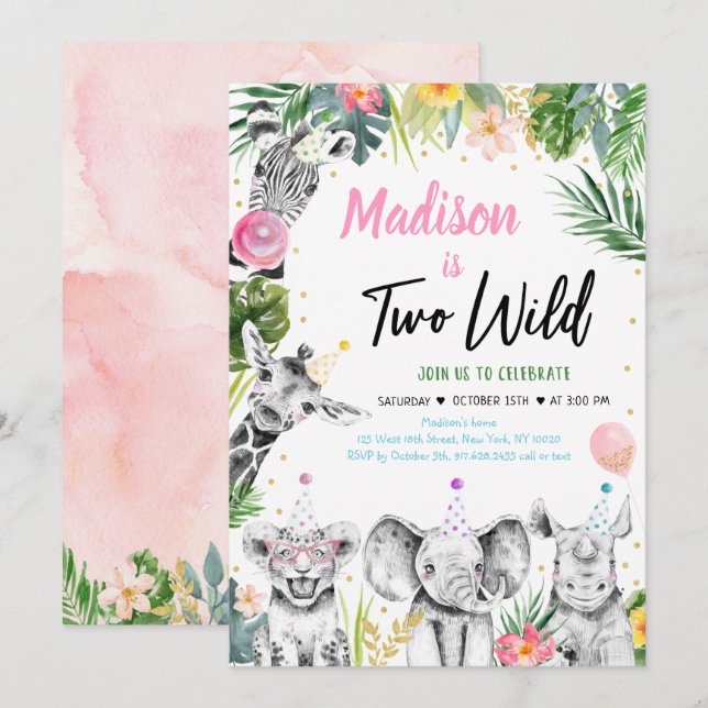 Invitation Deux Wild Tropical Safari Jungle Girl Anniversaire (Devant / Derrière)