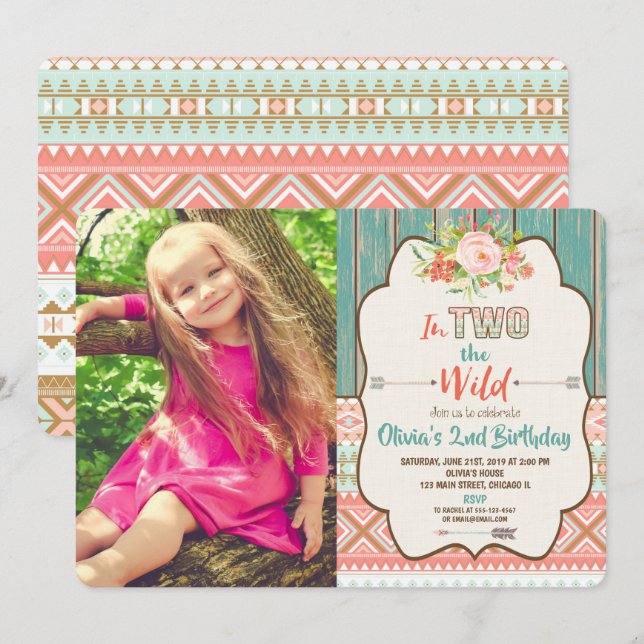 Invitation Deuxième anniversaire d'invitation fille deux sauv (Devant / Derrière)