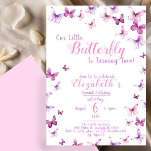 Invitation Deuxième Anniversaire Petite Papillon Fille Rose