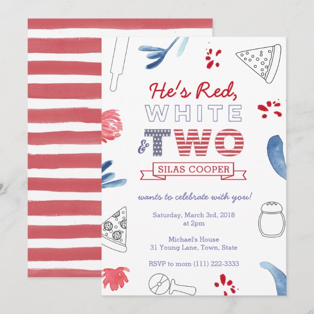 Invitation Deuxième fête de Pizza Anniversaire Rouge Blanc et (Devant / Derrière)