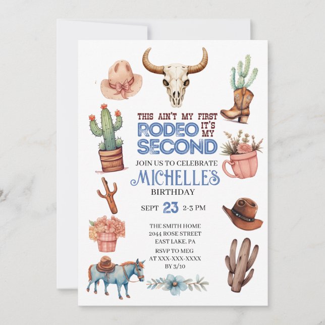 Invitation Deuxième Rodeo Cowgirl Boy 2e Anniversaire occiden (Devant)