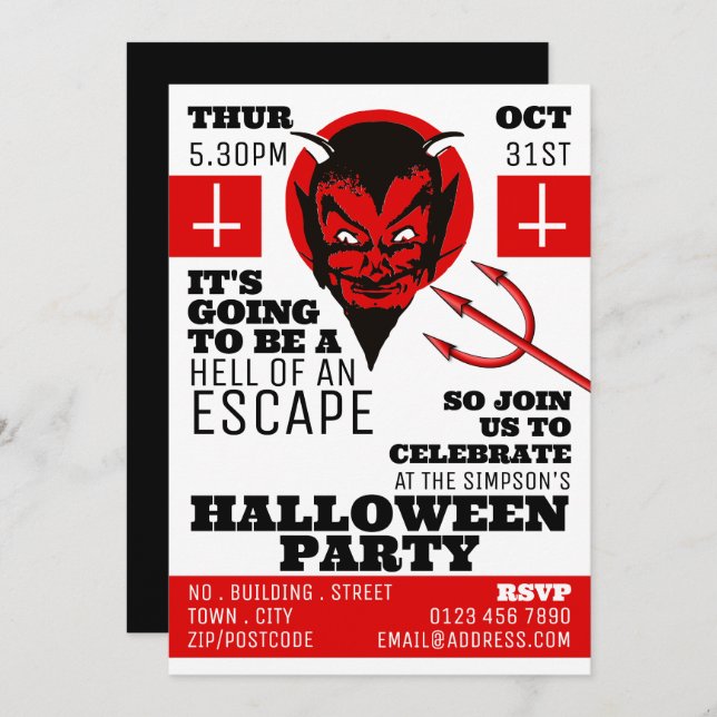 Invitation Devil's Hell Theme, Escape Room Halloween Party (Devant / Derrière)