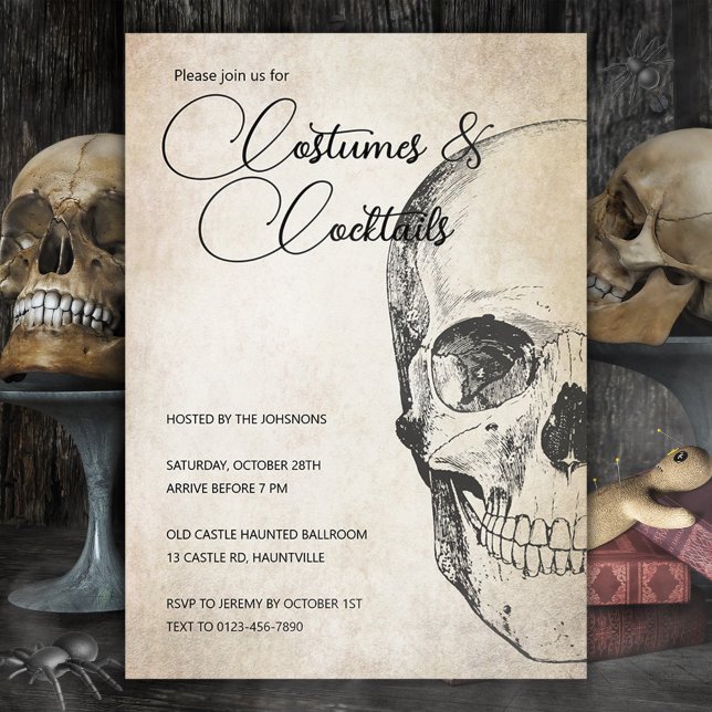 Invitation d'Halloween Antique Skull Invitation (Antique Skull Halloween Invitation Template. Editable Costumes & Cocktails Halloween Party Invite)