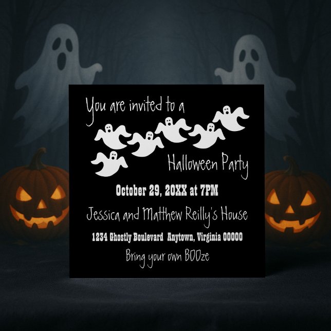 Invitation d'Halloween de la fête fantôme, Noir (Black Ghost Party Halloween Invitation)