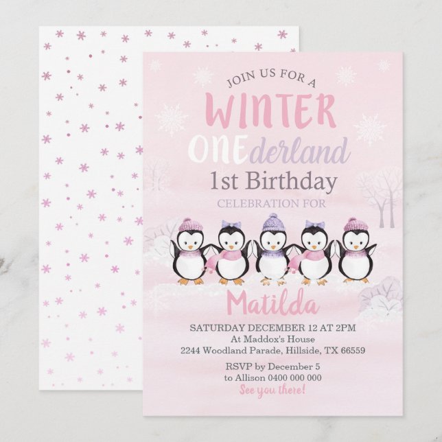 Invitation d'hiver de Pingouin 1er anniversaire (Devant / Derrière)