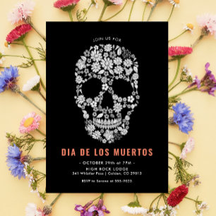 Invitation Dia de los Muertos Crâne de Sucre Fleur Noir