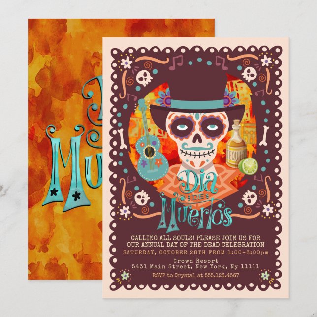 Invitation Dia de los Muertos, Crânes en Sucre (Devant / Derrière)