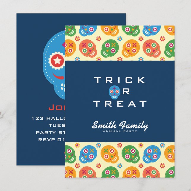 Invitation Dia De Los Muertos. Jour des morts. Crânes à sucre (Devant / Derrière)