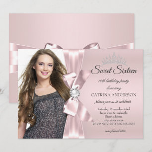 Invitation Diadème à nœud diamant photo rose blush pour fête 