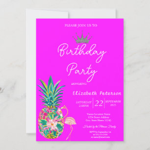Invitation Diadème Ananas Flamants Roses Rose Néon Anniversai